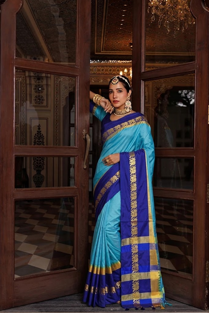 Aqua Blue & Royal Blue Cotton Silk Savanna Elephant Saree